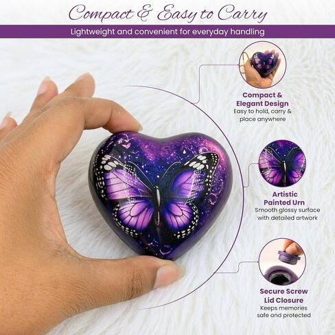 Butterfly Heart Keepsake Urn for Ashes – Small Cremation Urn for Human & Pet Ashes, Purple Metal Memorial Ash Holder with Velvet Bag & Display Stand, 3 Cu in in Kuwait