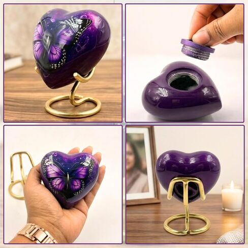 Butterfly Heart Keepsake Urn for Ashes – Small Cremation Urn for Human & Pet Ashes, Purple Metal Memorial Ash Holder with Velvet Bag & Display Stand, 3 Cu in in Kuwait