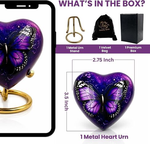 Butterfly Heart Keepsake Urn for Ashes – Small Cremation Urn for Human & Pet Ashes, Purple Metal Memorial Ash Holder with Velvet Bag & Display Stand, 3 Cu in in Kuwait