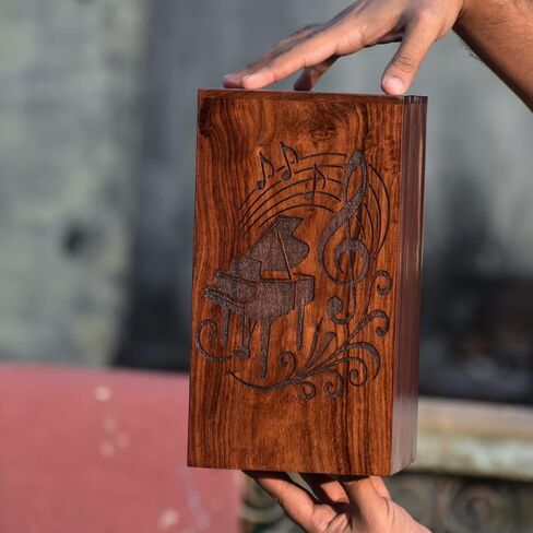 Handcrafted Wooden Piano Urn for Human Ashes | Sheesham Wood Cremation Urn with Musical Notes Carving | Musician Memorial Keepsake Box for Adults (Large: 5.5" (L) x 5.5" (W) x 9.5" (H0) in Saudi Arabia