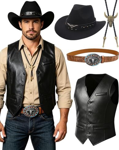 kasahara 4 Pcs Cowboy Western Costume Outfit for Men Cowboy Leather Vest Hat Belt Buckle Necklace Bolo Tie in Saudi Arabia
