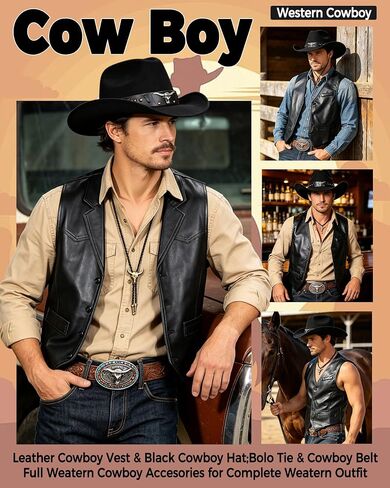 kasahara 4 Pcs Cowboy Western Costume Outfit for Men Cowboy Leather Vest Hat Belt Buckle Necklace Bolo Tie in Saudi Arabia