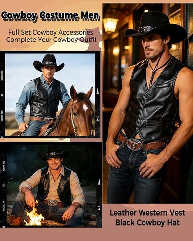 kasahara 4 Pcs Cowboy Western Costume Outfit for Men Cowboy Leather Vest Hat Belt Buckle Necklace Bolo Tie in Saudi Arabia