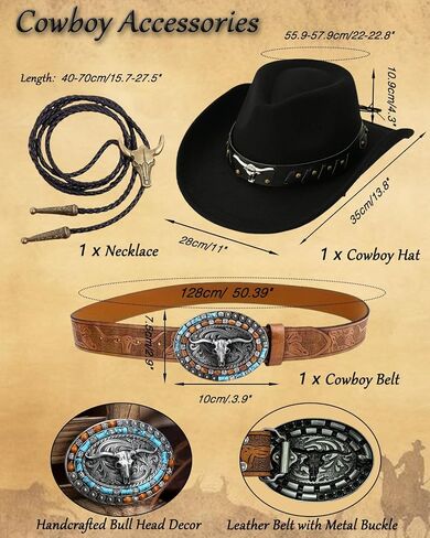 kasahara 4 Pcs Cowboy Western Costume Outfit for Men Cowboy Leather Vest Hat Belt Buckle Necklace Bolo Tie in Saudi Arabia