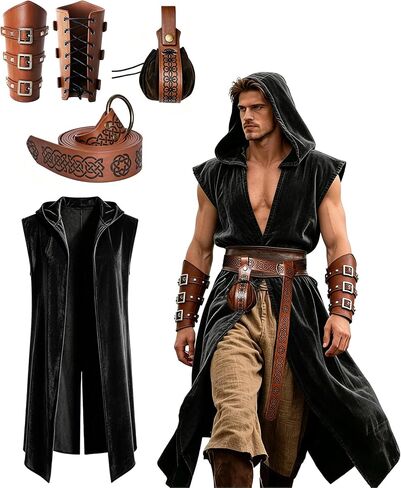 Medieval Renaissance Hooded Sleeveless Cloak Costume Set with Leather Belt, Arm Bracers and Pouch for Men, Halloween Cosplay Outfit in Saudi Arabia