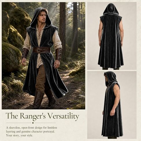 Medieval Renaissance Hooded Sleeveless Cloak Costume Set with Leather Belt, Arm Bracers and Pouch for Men, Halloween Cosplay Outfit in Saudi Arabia