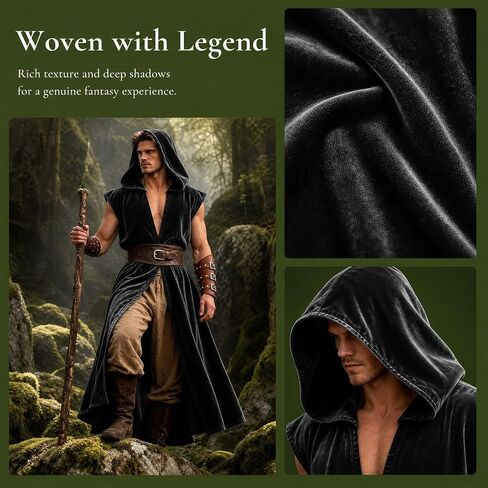 Medieval Renaissance Hooded Sleeveless Cloak Costume Set with Leather Belt, Arm Bracers and Pouch for Men, Halloween Cosplay Outfit in Saudi Arabia