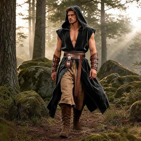 Medieval Renaissance Hooded Sleeveless Cloak Costume Set with Leather Belt, Arm Bracers and Pouch for Men, Halloween Cosplay Outfit in Saudi Arabia