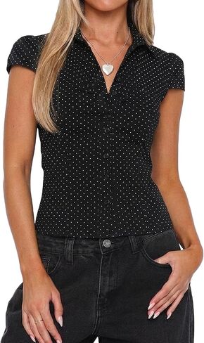 Women Button Down Shirts Y2k Slim Fit Cap Short Sleeve Button Up Collared Cropped Blouse Cute Preppy Tops in Saudi Arabia