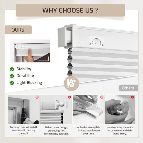 Grandekor No Tools No Drill Cordless Cellular Shades,34" W x 64" H,Blackout Honeycomb Blinds for Indoor Windows,UV Protection Privacy No Drill Blinds for Home,Door,White in Saudi Arabia