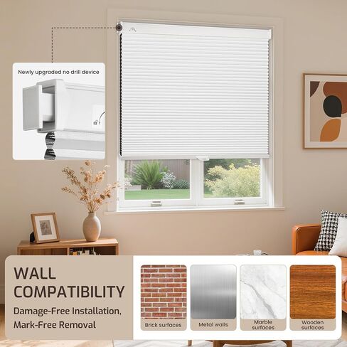 Grandekor No Tools No Drill Cordless Cellular Shades,34" W x 64" H,Blackout Honeycomb Blinds for Indoor Windows,UV Protection Privacy No Drill Blinds for Home,Door,White in Saudi Arabia