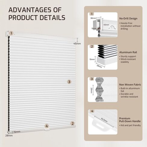 Grandekor No Tools No Drill Cordless Cellular Shades,34" W x 64" H,Blackout Honeycomb Blinds for Indoor Windows,UV Protection Privacy No Drill Blinds for Home,Door,White in Saudi Arabia