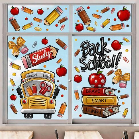 8 Sheets Back to School Window Clings,Cute School Bus Pencils Apple Window Stickers Reusable Double-Sided Window Decals for Classroom School Decor Welcome Party Supplies Glass Sticker in Saudi Arabia