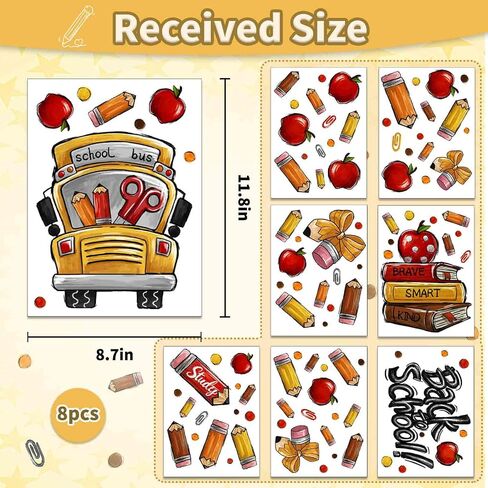 8 Sheets Back to School Window Clings,Cute School Bus Pencils Apple Window Stickers Reusable Double-Sided Window Decals for Classroom School Decor Welcome Party Supplies Glass Sticker in Saudi Arabia