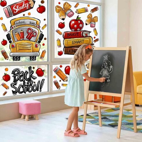 8 Sheets Back to School Window Clings,Cute School Bus Pencils Apple Window Stickers Reusable Double-Sided Window Decals for Classroom School Decor Welcome Party Supplies Glass Sticker in Saudi Arabia