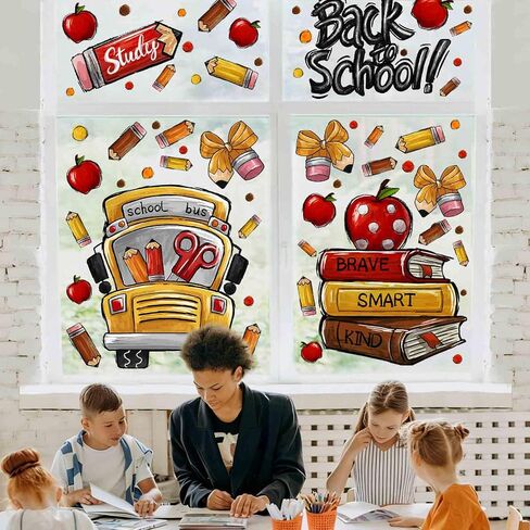 8 Sheets Back to School Window Clings,Cute School Bus Pencils Apple Window Stickers Reusable Double-Sided Window Decals for Classroom School Decor Welcome Party Supplies Glass Sticker in Saudi Arabia