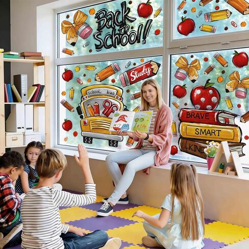 8 Sheets Back to School Window Clings,Cute School Bus Pencils Apple Window Stickers Reusable Double-Sided Window Decals for Classroom School Decor Welcome Party Supplies Glass Sticker in Saudi Arabia