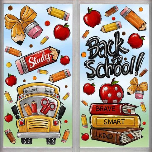 8 Sheets Back to School Window Clings,Cute School Bus Pencils Apple Window Stickers Reusable Double-Sided Window Decals for Classroom School Decor Welcome Party Supplies Glass Sticker in Saudi Arabia