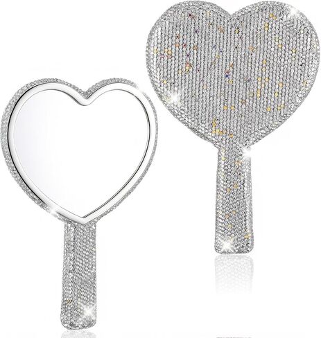 Large Rhinestone Handheld Mirror Heart Shaped Bling Glitter Cosmetic Hand Mirror with Handle Portable Hand Mirrors Sparkling Cute Hands Mirrors for Wedding Make up Women (Silver) in Saudi Arabia