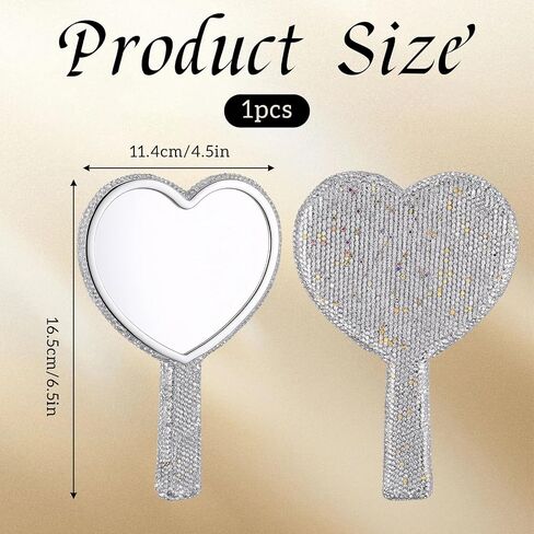 Large Rhinestone Handheld Mirror Heart Shaped Bling Glitter Cosmetic Hand Mirror with Handle Portable Hand Mirrors Sparkling Cute Hands Mirrors for Wedding Make up Women (Silver) in Saudi Arabia