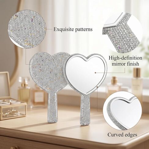Large Rhinestone Handheld Mirror Heart Shaped Bling Glitter Cosmetic Hand Mirror with Handle Portable Hand Mirrors Sparkling Cute Hands Mirrors for Wedding Make up Women (Silver) in Saudi Arabia