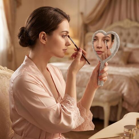 Large Rhinestone Handheld Mirror Heart Shaped Bling Glitter Cosmetic Hand Mirror with Handle Portable Hand Mirrors Sparkling Cute Hands Mirrors for Wedding Make up Women (Silver) in Saudi Arabia