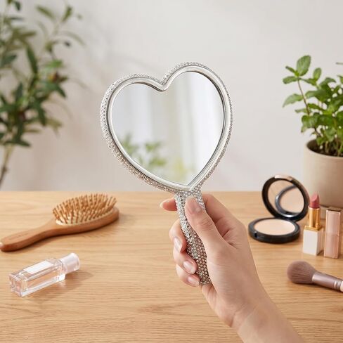 Large Rhinestone Handheld Mirror Heart Shaped Bling Glitter Cosmetic Hand Mirror with Handle Portable Hand Mirrors Sparkling Cute Hands Mirrors for Wedding Make up Women (Silver) in Saudi Arabia