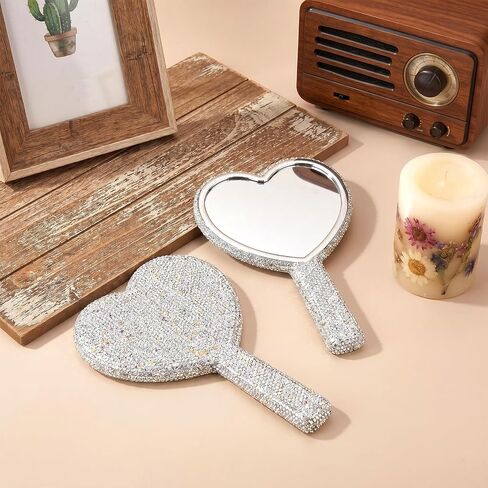 Large Rhinestone Handheld Mirror Heart Shaped Bling Glitter Cosmetic Hand Mirror with Handle Portable Hand Mirrors Sparkling Cute Hands Mirrors for Wedding Make up Women (Silver) in Saudi Arabia