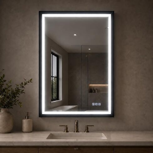 USHOWER 36x24 Inch LED Bathroom Mirror with Light - Black Aluminum Frame Waterproof Mirror for Wall, Smart Anti-Fog Vanity Mirror with 3 Colors, Stepless Dimmable, Memory Fuctions，ETL Listed in Saudi Arabia