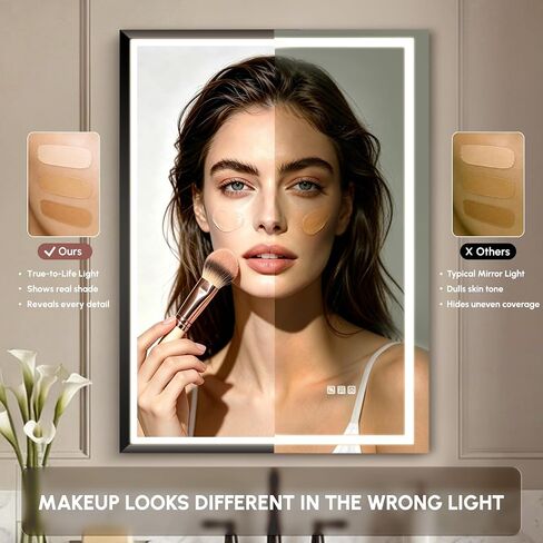 USHOWER 36x24 Inch LED Bathroom Mirror with Light - Black Aluminum Frame Waterproof Mirror for Wall, Smart Anti-Fog Vanity Mirror with 3 Colors, Stepless Dimmable, Memory Fuctions，ETL Listed in Saudi Arabia