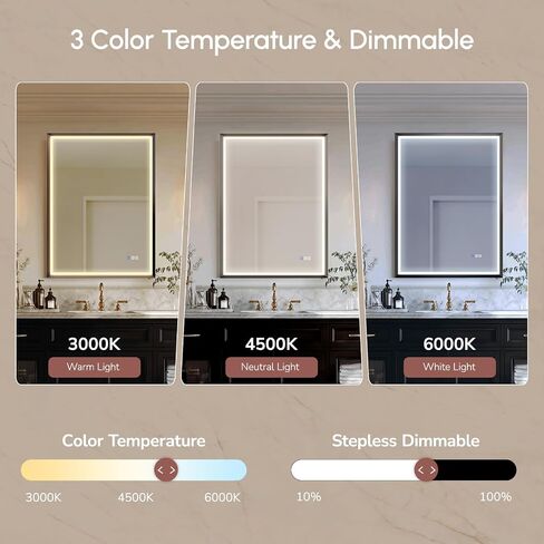 USHOWER 36x24 Inch LED Bathroom Mirror with Light - Black Aluminum Frame Waterproof Mirror for Wall, Smart Anti-Fog Vanity Mirror with 3 Colors, Stepless Dimmable, Memory Fuctions，ETL Listed in Saudi Arabia