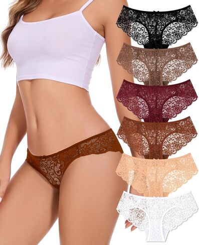 Sunm Boutique Sexy Underwear for Women, Cheeky Lace Women's Panties, Breathable Bikini for Ladies (Large, 6 Pack - Black/Brown/Wine Red/Caramel/Nude/White) in Saudi Arabia