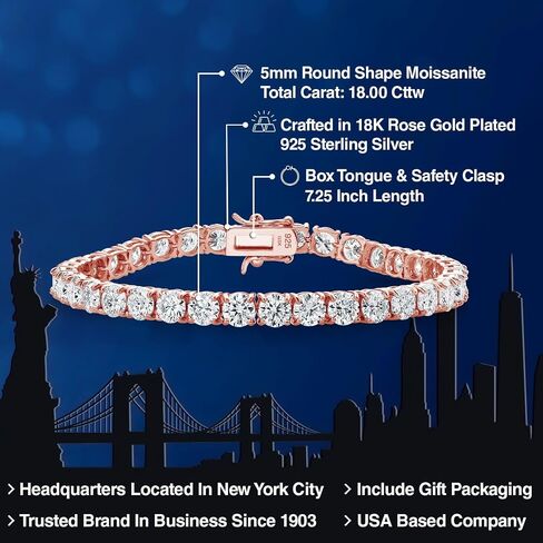Gem Stone King 18K Rose Gold Plated Silver White Moissanite Tennis Bracelet For Women | 18.00 Cttw Round 5MM | 7.25 Inch | Fine Jewelry Mom Women Wife in Saudi Arabia