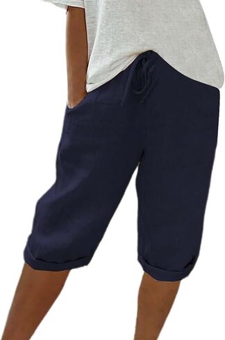 Bermuda Shorts for Women Knee Length Drawstring Elastic Waist Linen Shorts Casual Summer Pedal Pushers with Pockets in Kuwait