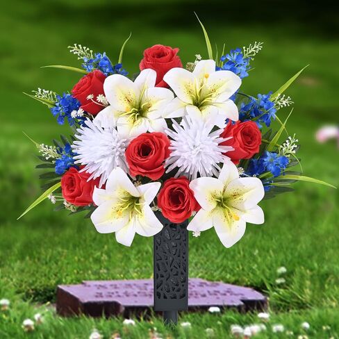 MARTINE MALL 2 Sets Artificial Cemetery Flowers for Grave, Artificial Grave Flowers Memorial Day Flowers for Cemetery Red White Blue Rose Lily Flowers with Vase for Cemetery Grave Decoration in Saudi Arabia