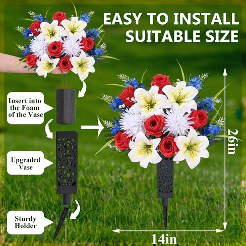 MARTINE MALL 2 Sets Artificial Cemetery Flowers for Grave, Artificial Grave Flowers Memorial Day Flowers for Cemetery Red White Blue Rose Lily Flowers with Vase for Cemetery Grave Decoration in Saudi Arabia