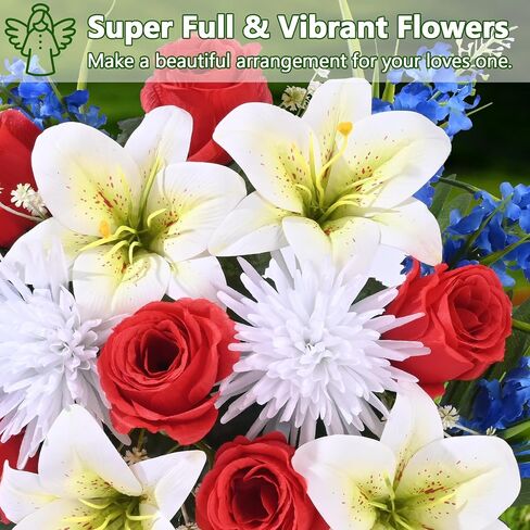 MARTINE MALL 2 Sets Artificial Cemetery Flowers for Grave, Artificial Grave Flowers Memorial Day Flowers for Cemetery Red White Blue Rose Lily Flowers with Vase for Cemetery Grave Decoration in Saudi Arabia
