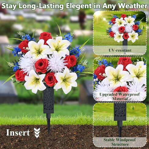 MARTINE MALL 2 Sets Artificial Cemetery Flowers for Grave, Artificial Grave Flowers Memorial Day Flowers for Cemetery Red White Blue Rose Lily Flowers with Vase for Cemetery Grave Decoration in Saudi Arabia