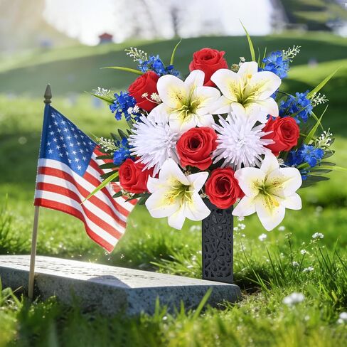 MARTINE MALL 2 Sets Artificial Cemetery Flowers for Grave, Artificial Grave Flowers Memorial Day Flowers for Cemetery Red White Blue Rose Lily Flowers with Vase for Cemetery Grave Decoration in Saudi Arabia