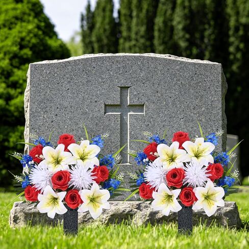 MARTINE MALL 2 Sets Artificial Cemetery Flowers for Grave, Artificial Grave Flowers Memorial Day Flowers for Cemetery Red White Blue Rose Lily Flowers with Vase for Cemetery Grave Decoration in Saudi Arabia