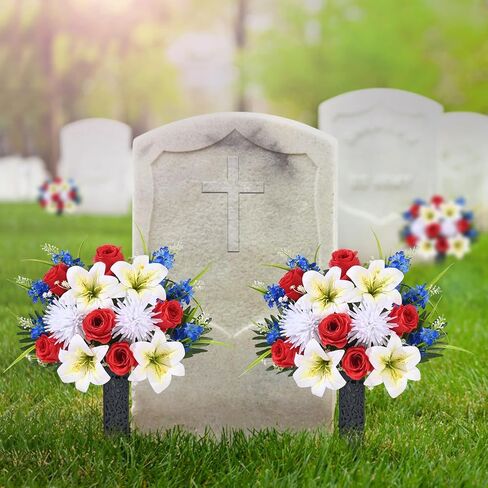 MARTINE MALL 2 Sets Artificial Cemetery Flowers for Grave, Artificial Grave Flowers Memorial Day Flowers for Cemetery Red White Blue Rose Lily Flowers with Vase for Cemetery Grave Decoration in Saudi Arabia