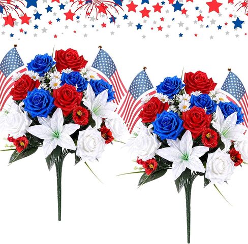 2 Sets 19.7" Patriotic Artificial Flower Memorial Bouquets with 4 American Flags – Red, White & Blue Silk Flowers for 250th Independence Day, 4th of July & Memorial Day Grave Tribute Decor in Saudi Arabia
