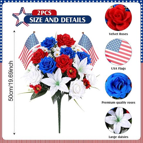 2 Sets 19.7" Patriotic Artificial Flower Memorial Bouquets with 4 American Flags – Red, White & Blue Silk Flowers for 250th Independence Day, 4th of July & Memorial Day Grave Tribute Decor in Saudi Arabia