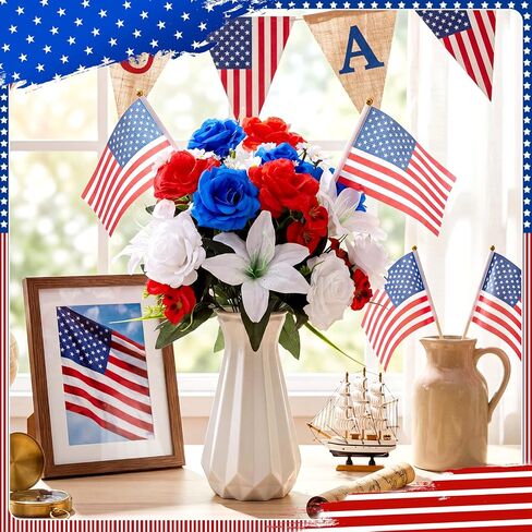 2 Sets 19.7" Patriotic Artificial Flower Memorial Bouquets with 4 American Flags – Red, White & Blue Silk Flowers for 250th Independence Day, 4th of July & Memorial Day Grave Tribute Decor in Saudi Arabia
