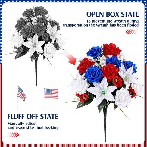 2 Sets 19.7" Patriotic Artificial Flower Memorial Bouquets with 4 American Flags – Red, White & Blue Silk Flowers for 250th Independence Day, 4th of July & Memorial Day Grave Tribute Decor in Saudi Arabia