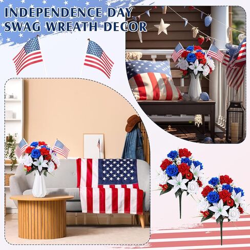 2 Sets 19.7" Patriotic Artificial Flower Memorial Bouquets with 4 American Flags – Red, White & Blue Silk Flowers for 250th Independence Day, 4th of July & Memorial Day Grave Tribute Decor in Saudi Arabia