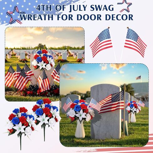 2 Sets 19.7" Patriotic Artificial Flower Memorial Bouquets with 4 American Flags – Red, White & Blue Silk Flowers for 250th Independence Day, 4th of July & Memorial Day Grave Tribute Decor in Saudi Arabia