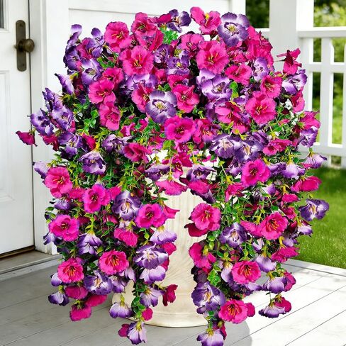 Artificial Hanging Flowers for Outdoors Decor, Fake Silk Hibiscus Long Trailing Vines UV Resistant Realistic Flowers Plants for Outside Front Door Porch Patio Balcony (Fuchsia + Purple, 2 pcs) in Saudi Arabia