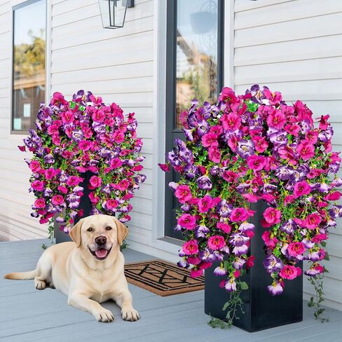 Artificial Hanging Flowers for Outdoors Decor, Fake Silk Hibiscus Long Trailing Vines UV Resistant Realistic Flowers Plants for Outside Front Door Porch Patio Balcony (Fuchsia + Purple, 2 pcs) in Saudi Arabia