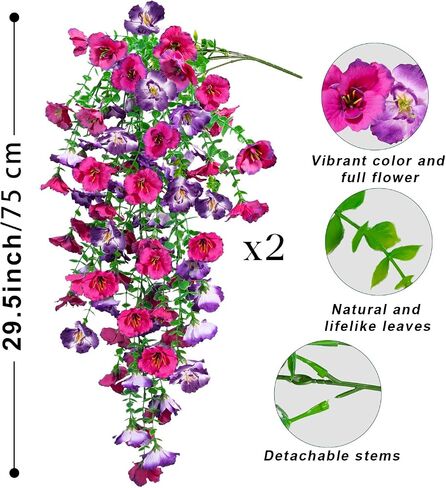 Artificial Hanging Flowers for Outdoors Decor, Fake Silk Hibiscus Long Trailing Vines UV Resistant Realistic Flowers Plants for Outside Front Door Porch Patio Balcony (Fuchsia + Purple, 2 pcs) in Saudi Arabia